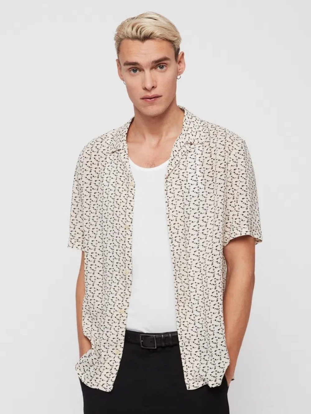 All Saints Men’s Cream Short-Sleeve Notes Printq Button-Up Shirt